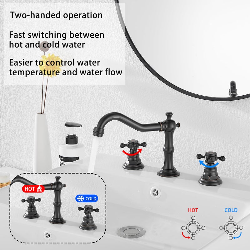 GGStudy Two Handles Three Holes Faucet 8-16 inch Widespread Bathroom Sink Faucet Oil Rubbed Bronze Basin Tap Mixer Supply Hose Included Matching Metal Pop Up Drain - Image 3